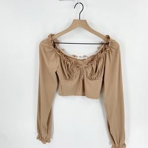 NWOT 12th Tribe Tan Scoop Neckline Long Balloon Sleeve Cropped Top Size S
